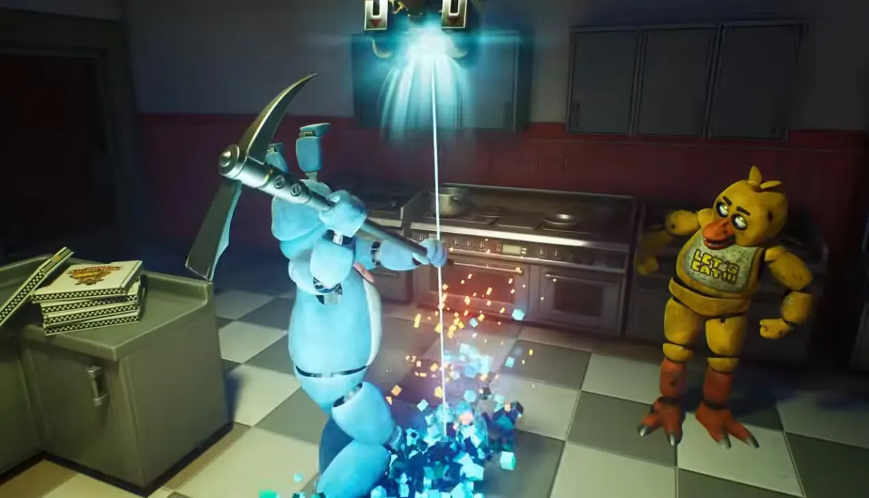 Karanlık bir stüdyoda pirinç ve porselenden mekanik figür heykeli Fortnite ve FNAF iş birliğini simgeliyor