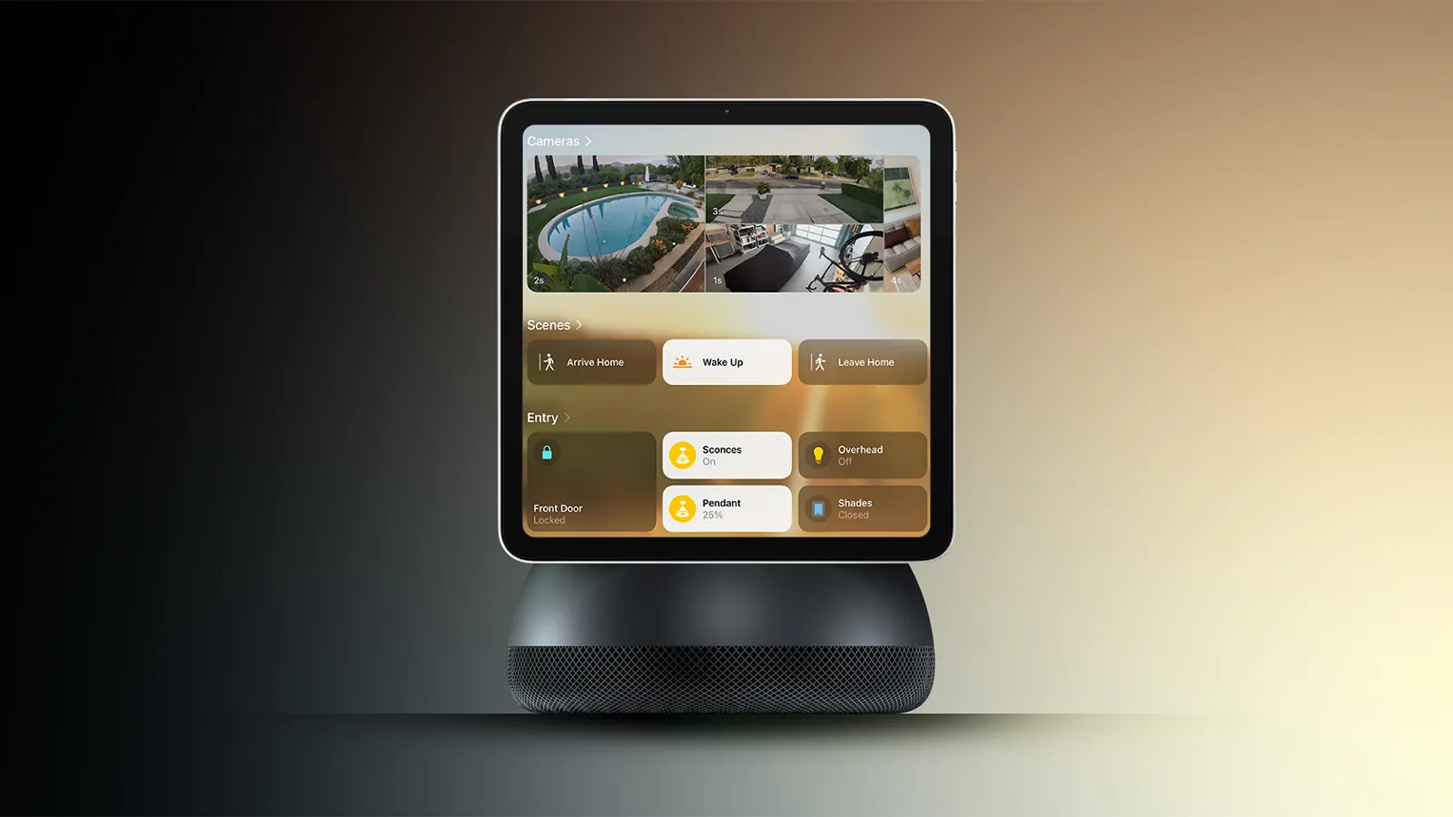 Gri alüminyum tabanlı ve metal kollu Apple akıllı ev hub cihazını temsil eden stüdyo görseli