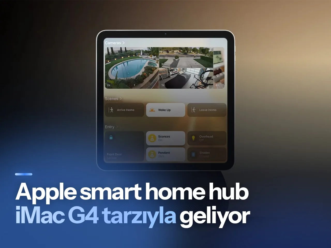 Gri alüminyum tabanlı ve metal kollu Apple akıllı ev hub cihazını temsil eden stüdyo görseli