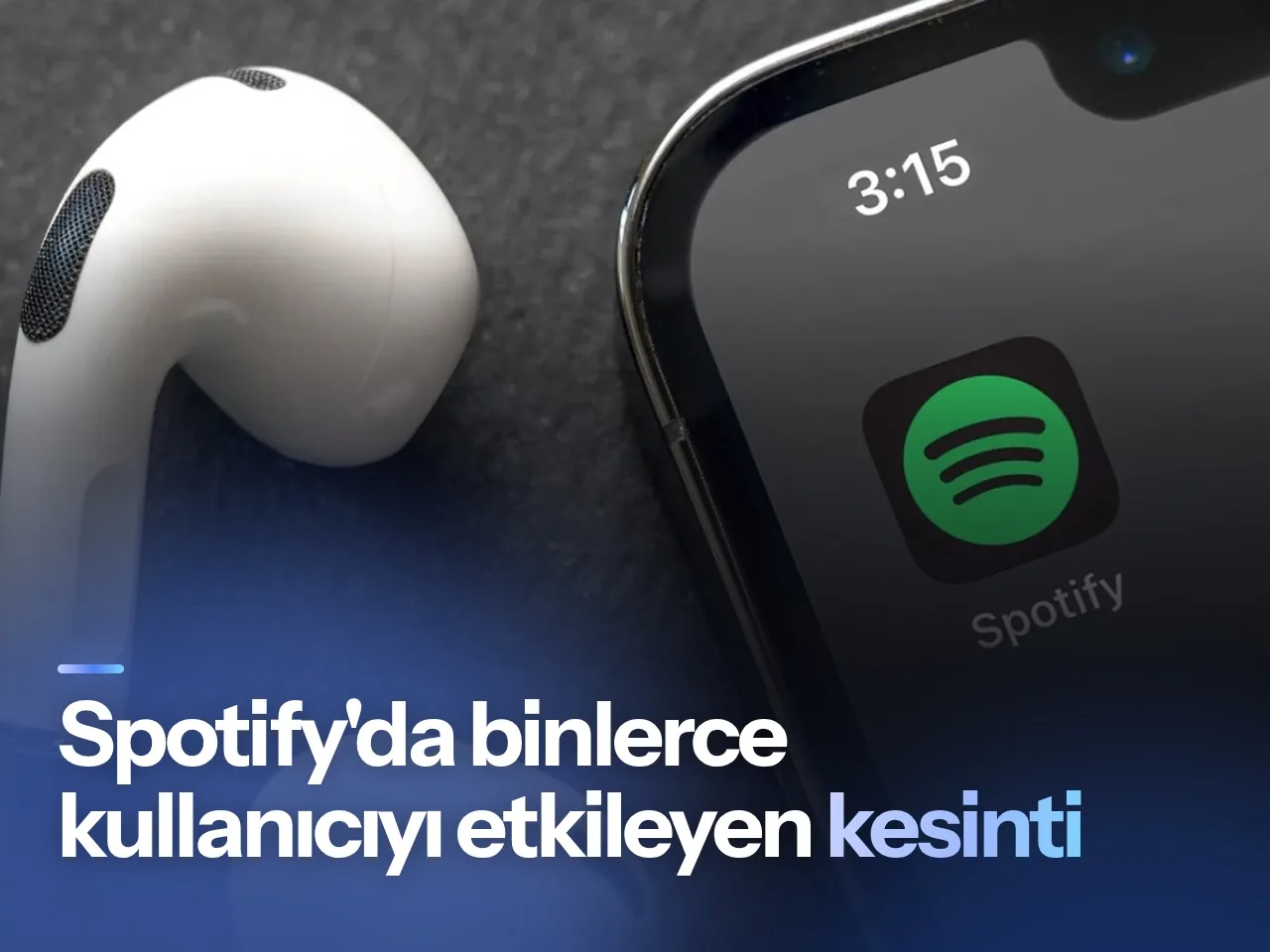 Spotify kesintisini temsil eden gri seramik küp ve turuncu ışık çizgisi