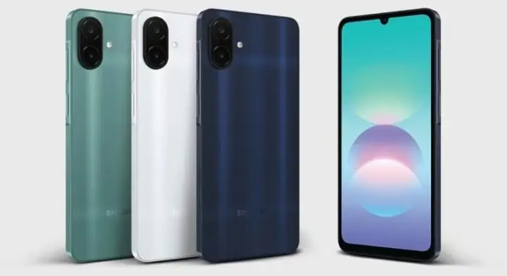 Mat yüzey üzerinde duran Samsung Galaxy A08 modelinin stüdyo ortamındaki görünümü
