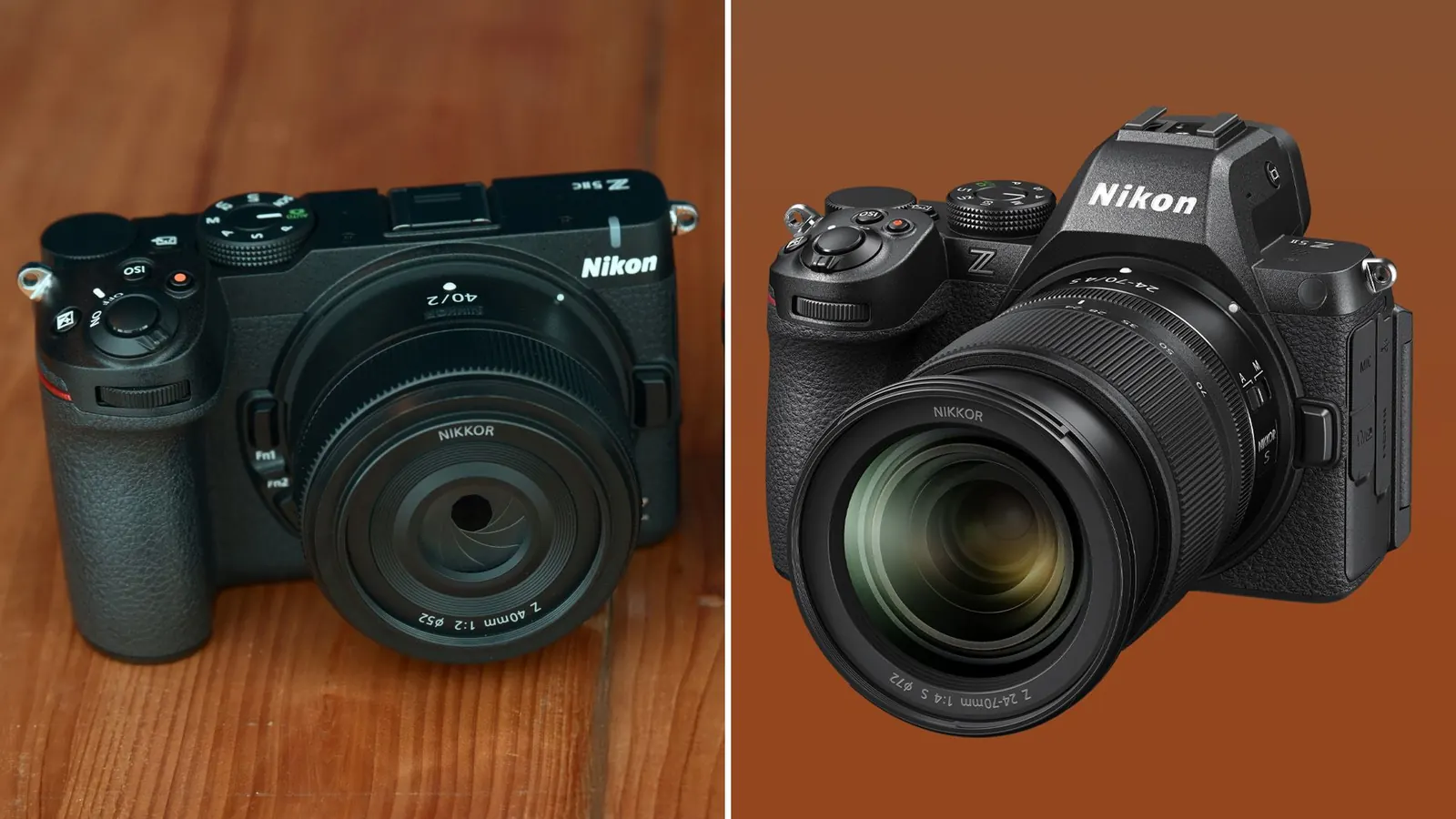 Mat siyah ve gümüş renkli Nikon Z5IIC aynasız kameranın stüdyo ortamındaki görünümü