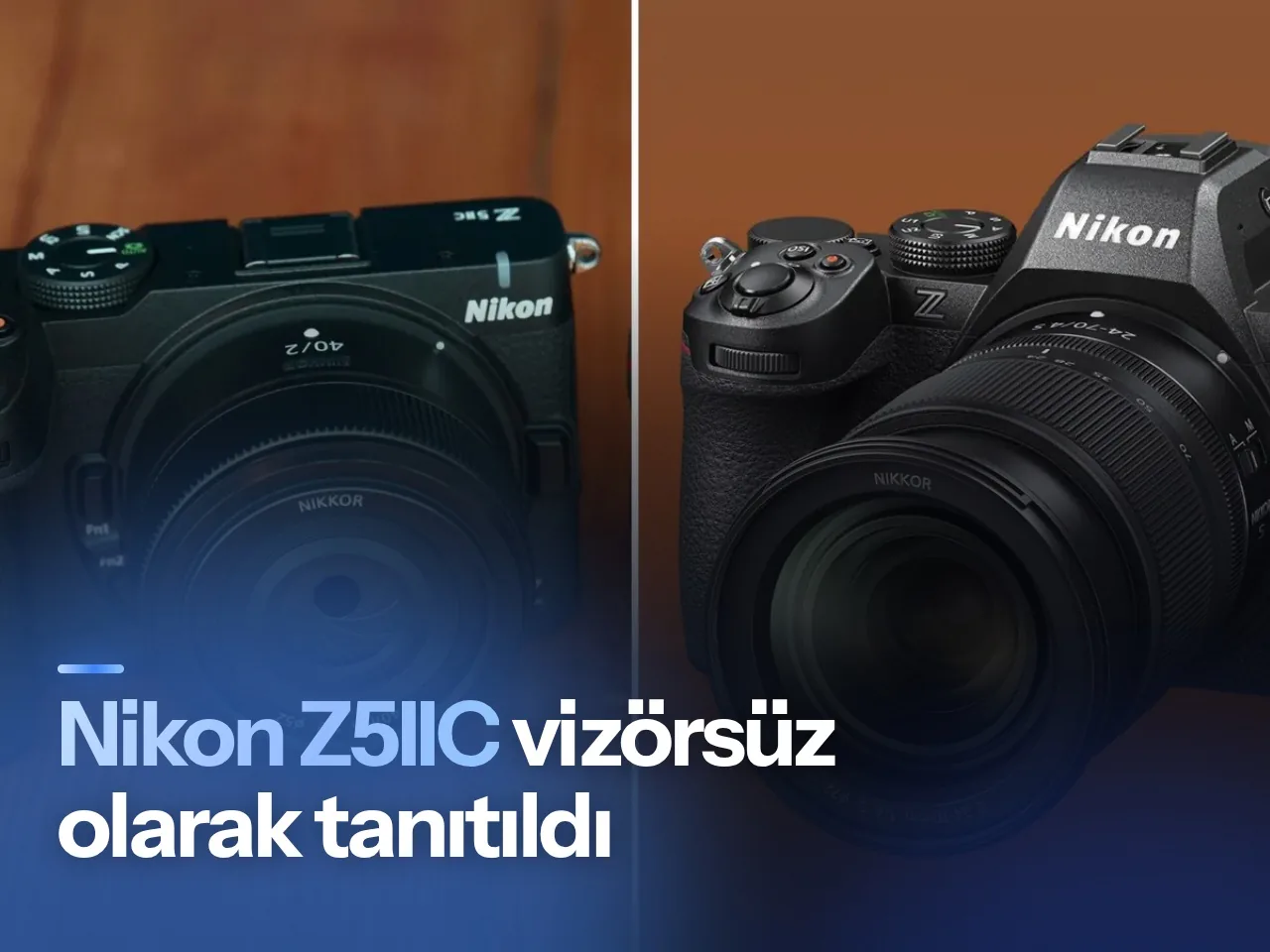 Mat siyah ve gümüş renkli Nikon Z5IIC aynasız kameranın stüdyo ortamındaki görünümü