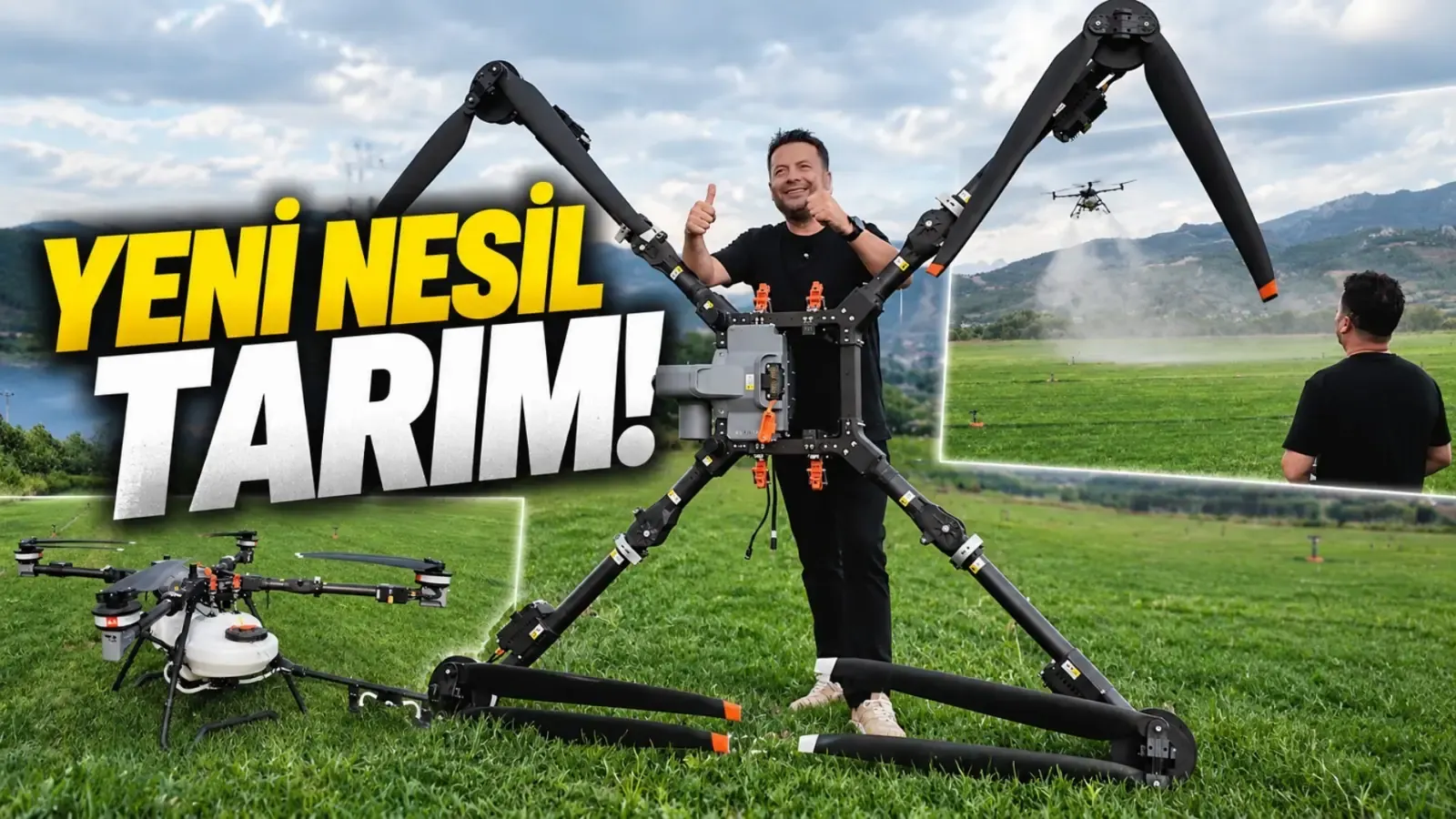 Gri stüdyo zemininde duran, karbon fiber pervanelere ve sıvı tankına sahip büyük otonom tarım dronu