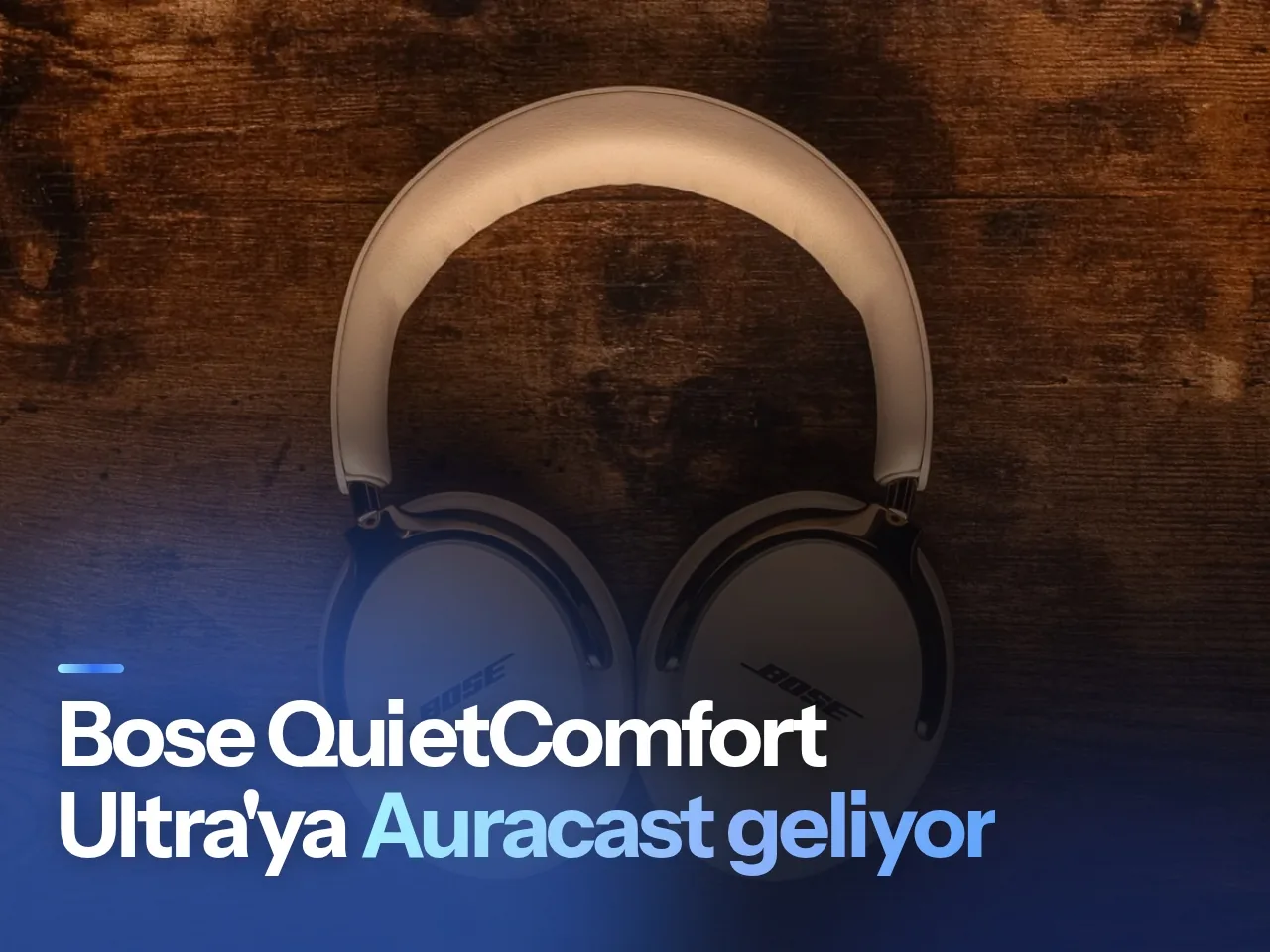 Bose QuietComfort Ultra kulaklığı temsil eden stüdyo ortamında minimalist tasarım görseli