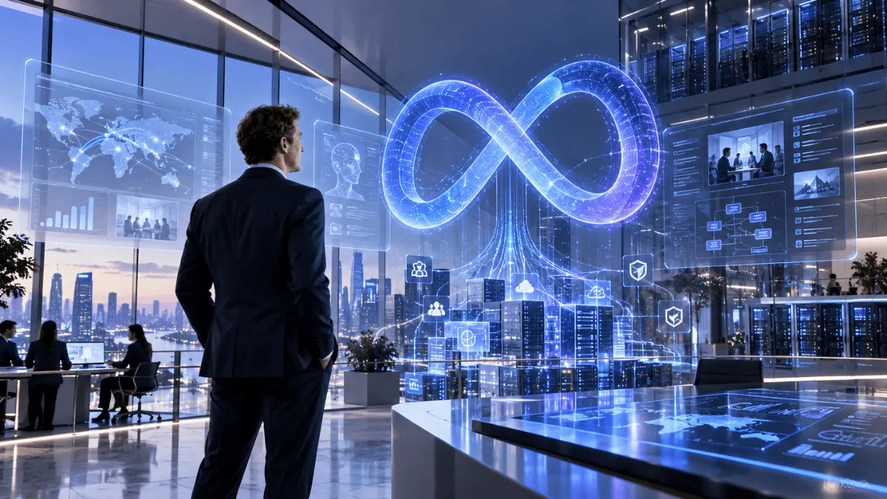 Meta Enterprise Platform'u temsil eden şık cam blok ve ışık yansımaları