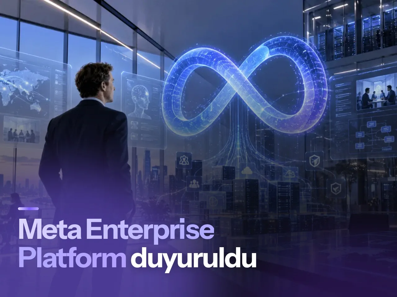 Meta Enterprise Platform'u temsil eden şık cam blok ve ışık yansımaları
