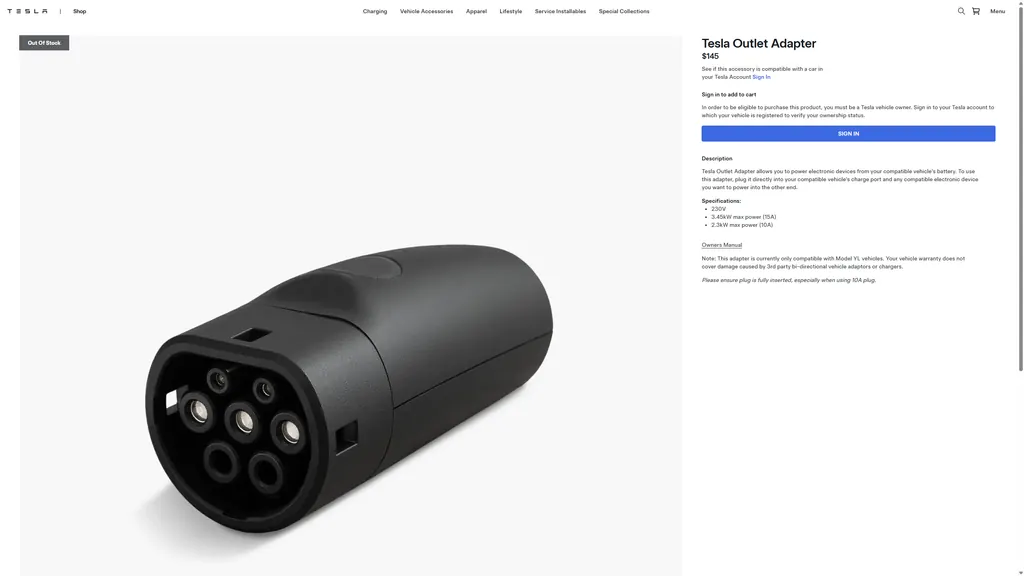 The Tesla Outlet Adapter for cars with a Type 2 charging port.