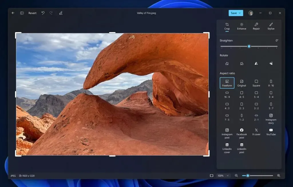 A screenshot of the new Editor in the Windows 11 Photos app