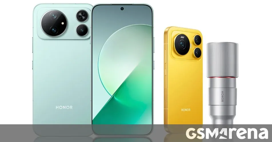 Koyu zemin üzerinde duran Honor Magic9 akıllı telefonu ve cam blok
