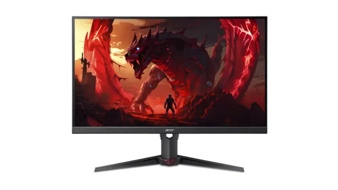 Acer Nitro XV272U Z2 oyuncu monitörünü gösteren stüdyo ortamı görseli