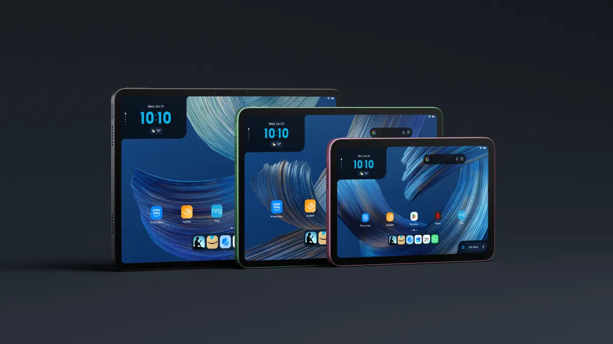 Gri zemin üzerinde duran ve mat ekranıyla dikkat çeken yeni Amazon Alexa Tablet modeli