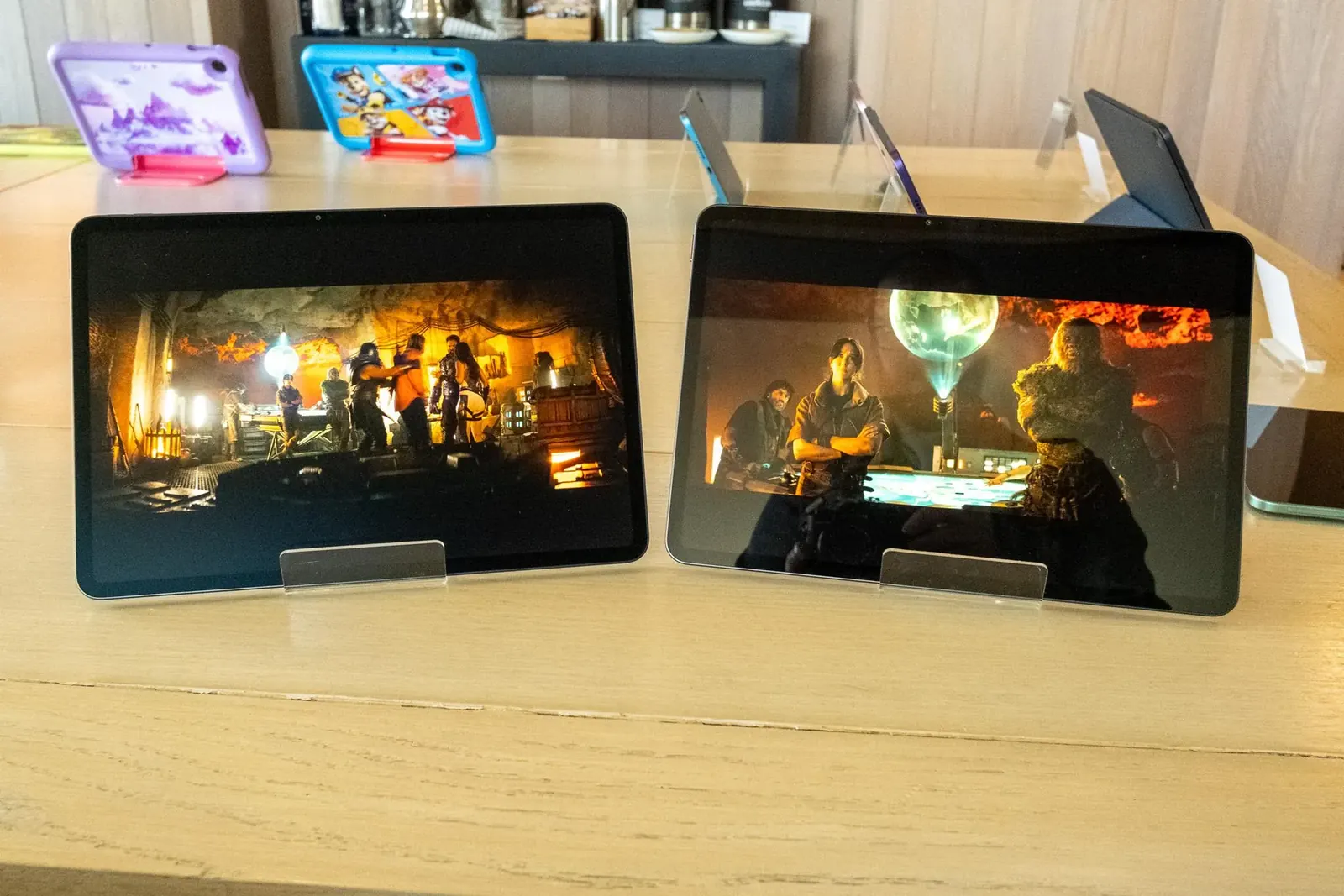 Two Amazon Alexa Tablet 12 Pros side by side. One with a Nanomatte screen and the other with a regular glossy display.