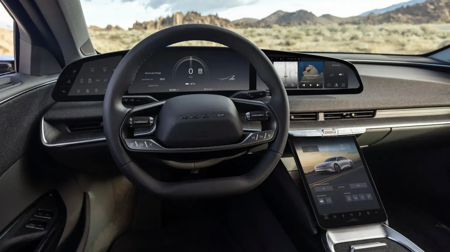 Lucid Air interior with Air UX 3.0 on the Cockpit Panel and Pilot Panel