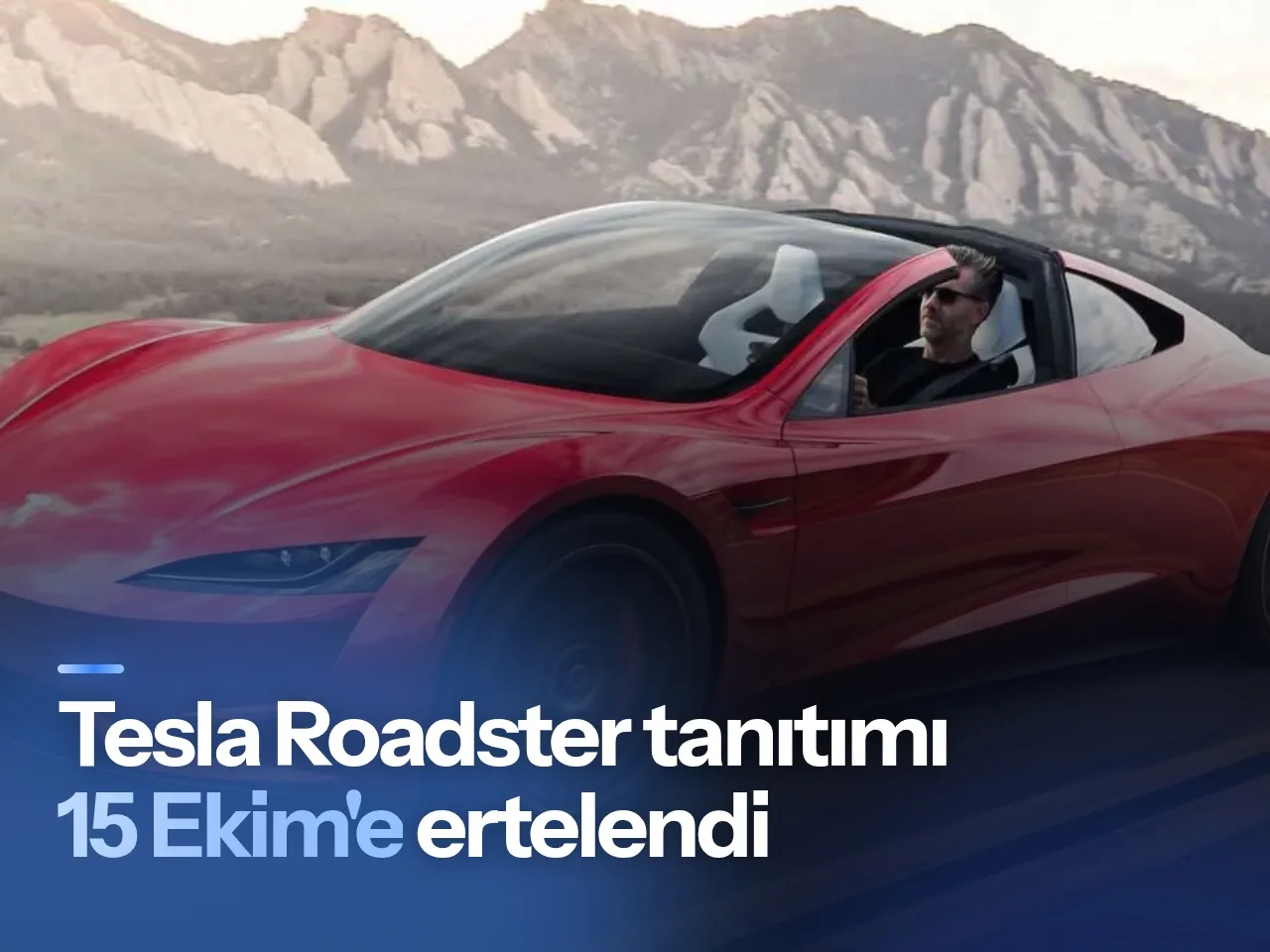 Tesla Roadster modelinin olumsuz hava koşulları nedeniyle ertelenen açık hava tanıtımını temsil eden karanlık bulutlu…