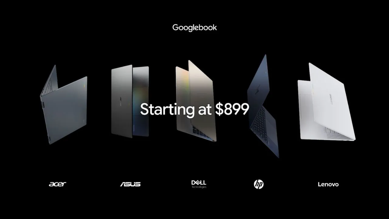 Gri tonlarında tasarlanmış minimalist bir masanın üzerinde duran yeni Googlebook dizüstü bilgisayar