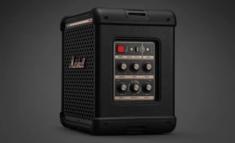 A side profile of a speaker.
