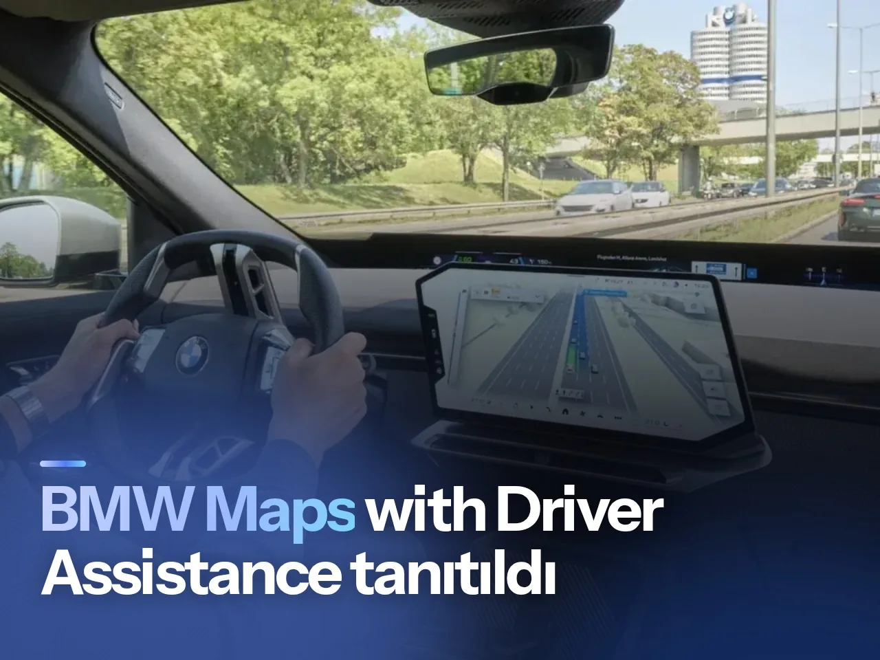 BMW Maps with Driver Assistance 3D navigasyon arayüzünü temsil eden minimalist araç içi ekran görseli