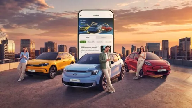 Ford EV Club platformunu temsil eden minimalist elektrikli araç şarj cihazı görseli
