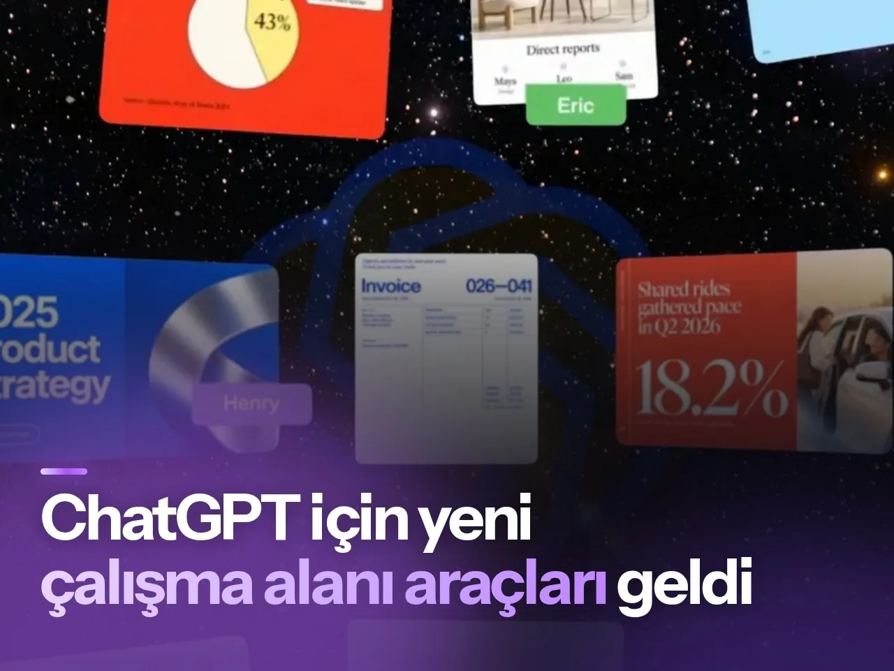 Minimalist stüdyo ortamında süzülen yarı saydam cam levhalar: ChatGPT'nin yeni iş birliği araçlarını temsil eden görsel